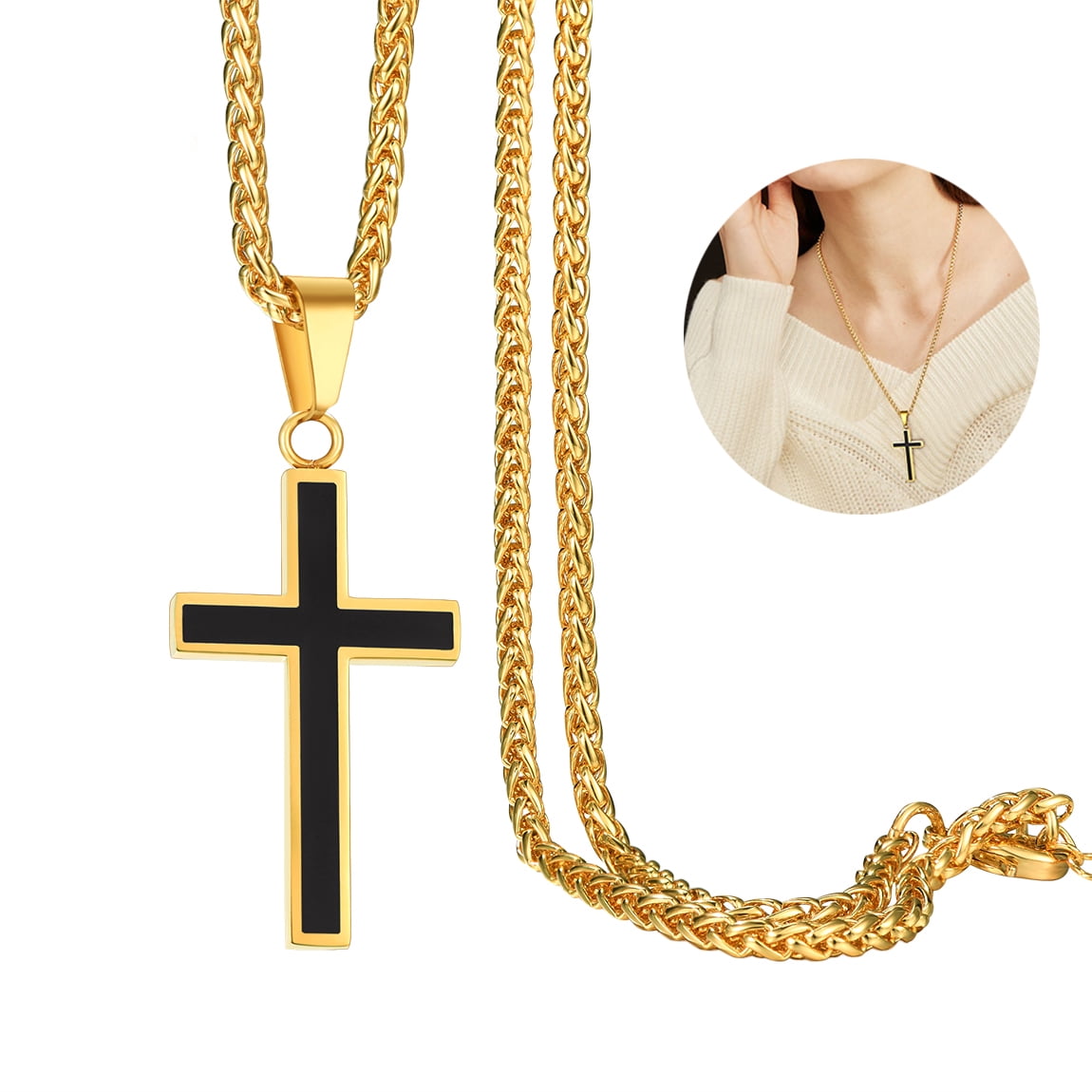 ChainsPro Mens Christian Cross Pendant Necklace with Chain Stainless Steel Gold Plated