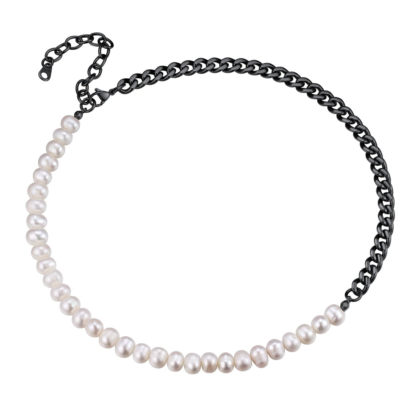 ChainsPro Pearl Choker Necklaces for Men Women Half Pearl Half Cuban Chain Necklace Stainless Steel/Gold Plated/Black