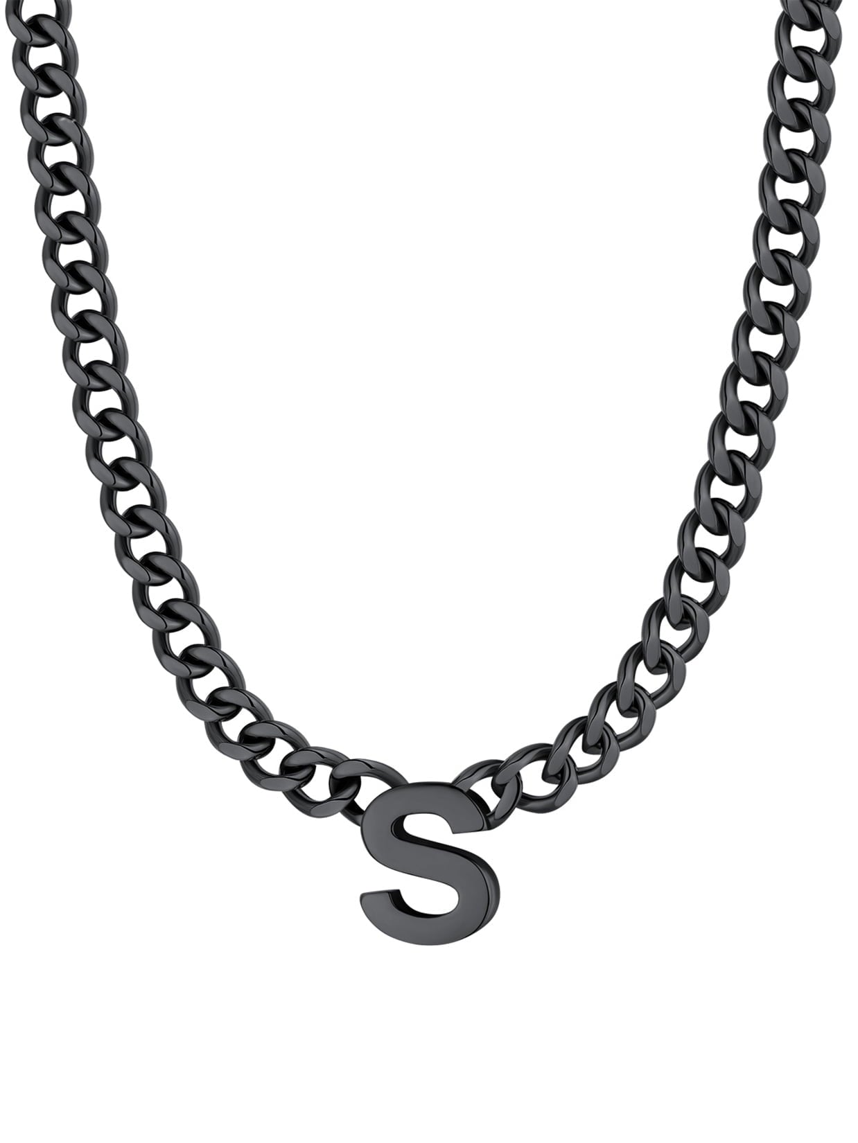 ChainsPro Men A-Z Letter Necklace 7mm Cuban Link Chain Necklace Stainless Steel/Gold Plated/Black