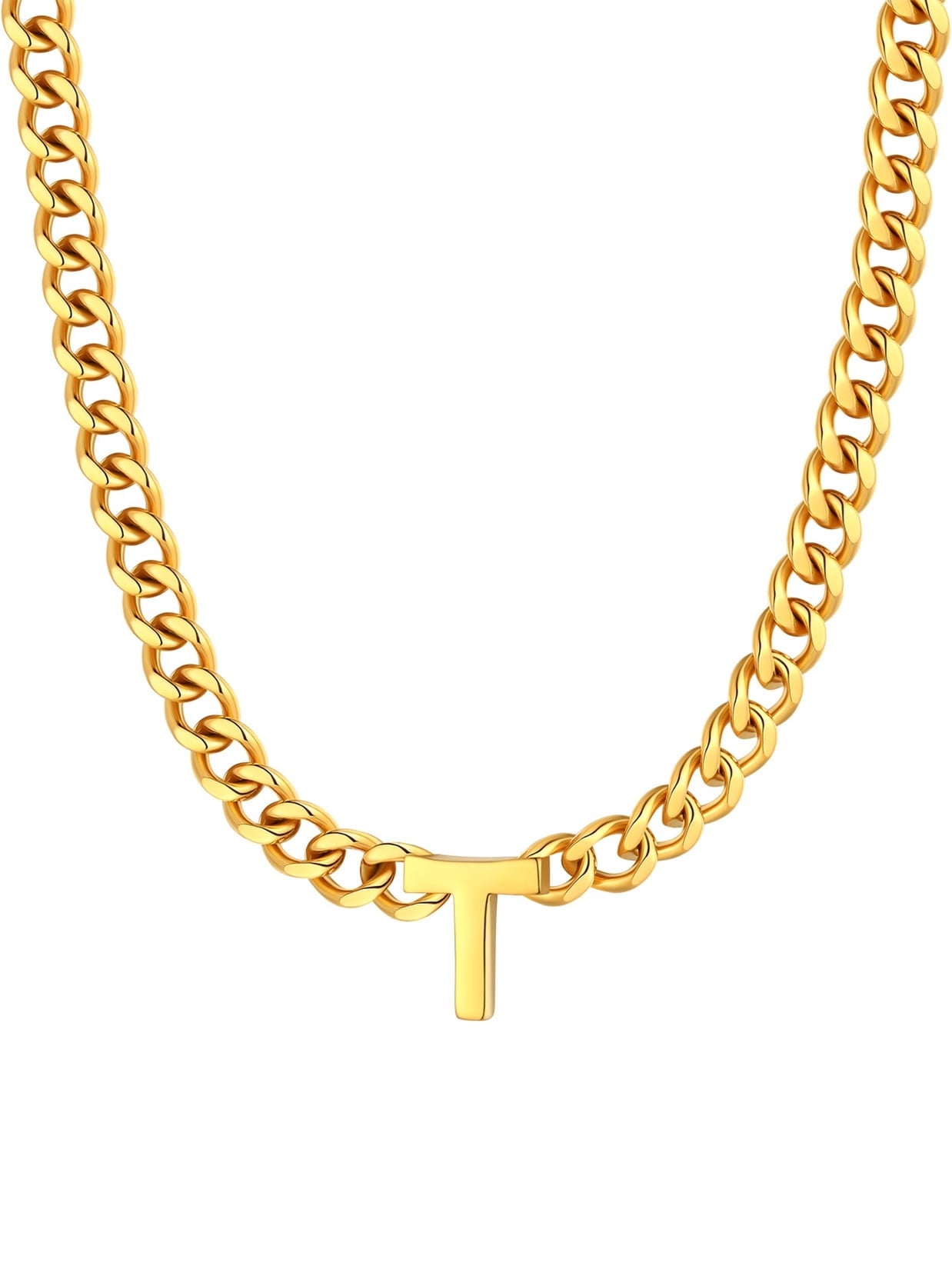 ChainsPro Men A-Z Letter Necklace 7mm Cuban Link Chain Necklace Stainless Steel/Gold Plated/Black