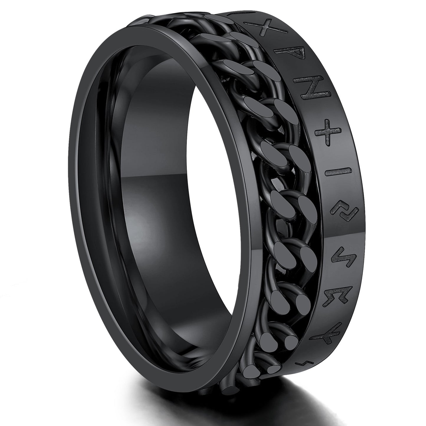 ChainsPro Viking Rune Spinner Rings for Men/Women Size #7-#14 Chain Link Fidget Ring Black