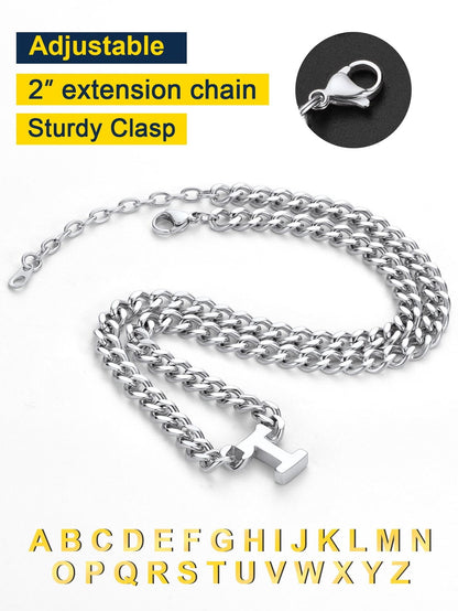 ChainsProMax Men A-Z Letter Necklace 7mm Cuban Link Chain Necklace, Stainless Steel/Gold Plated/Black