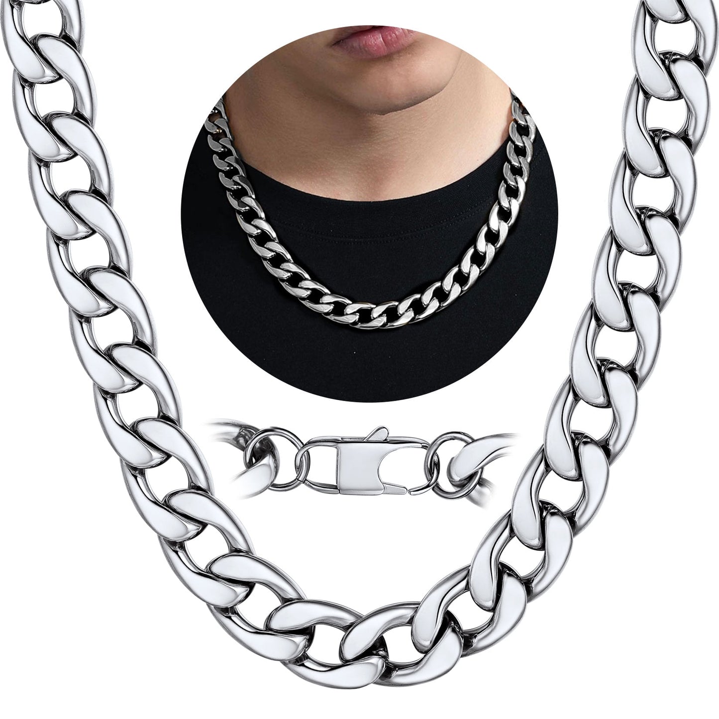 ChainsPro 5mm Men Chain Silver Tone Stainless Steel Curb Cuban Link Necklace Gift