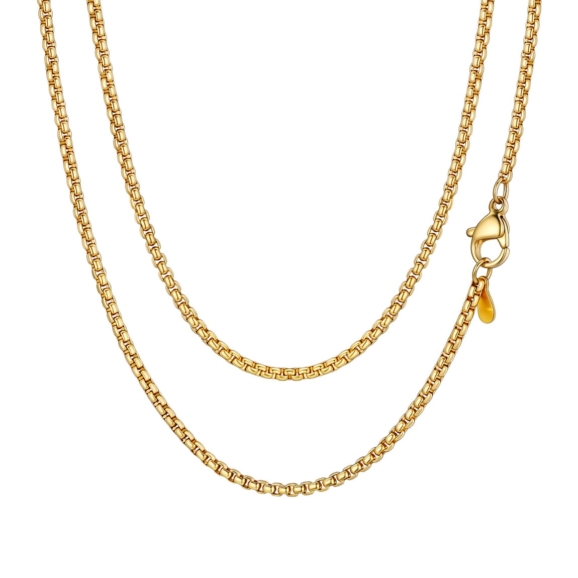 ChainsPro 3mm Men Necklace Box Chain 14K Gold Plated Stainless Steel Chain Necklace for Men Women