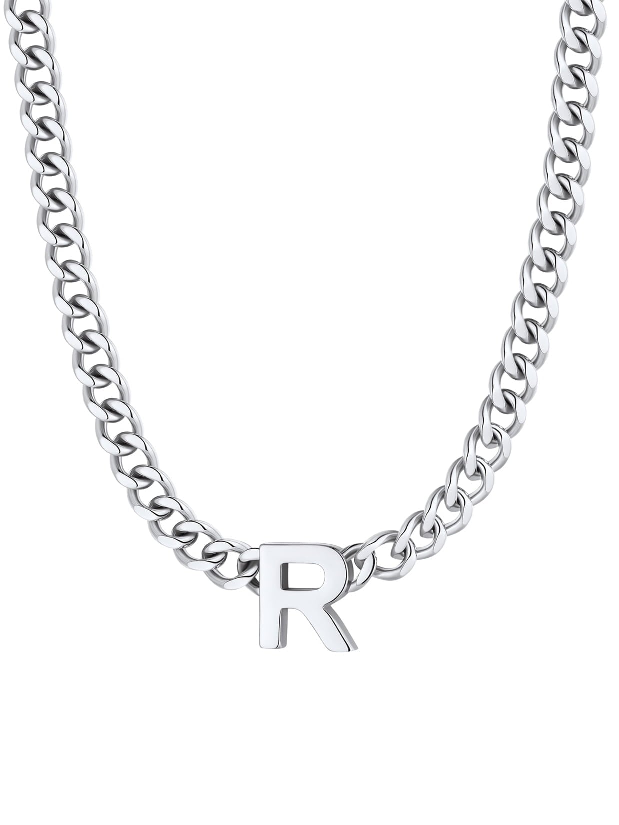 ChainsPro Men A-Z Letter Necklace 7mm Cuban Link Chain Necklace Stainless Steel/Gold Plated/Black