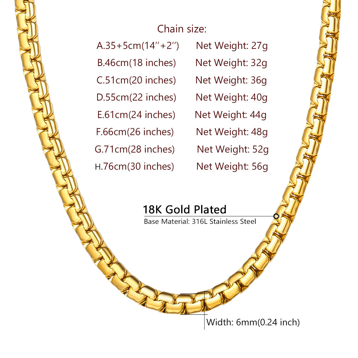 ChainsProMax Gold Flat Box Chain for Men Necklace Stainless Steel 18inch 6mm Hip Hop Jewelry