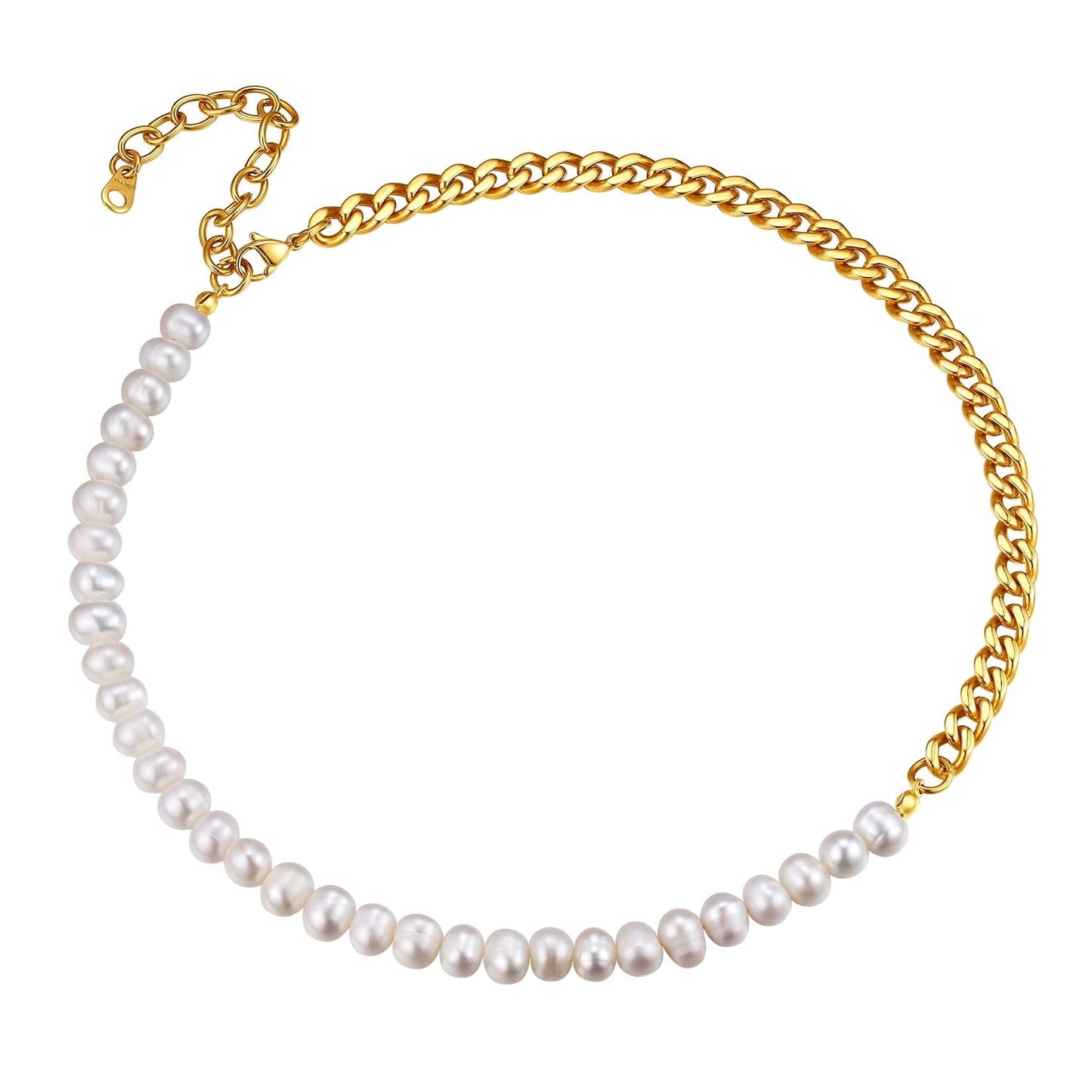 ChainsPro Pearl Choker Necklaces for Men Women Half Pearl Half Cuban Chain Necklace Stainless Steel/Gold Plated/Black