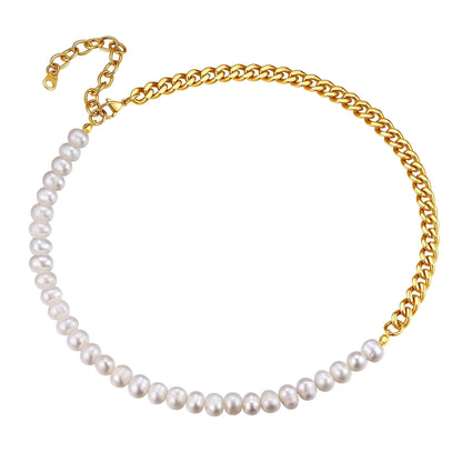 ChainsPro Pearl Choker Necklaces for Men Women Half Pearl Half Cuban Chain Necklace Stainless Steel/Gold Plated/Black