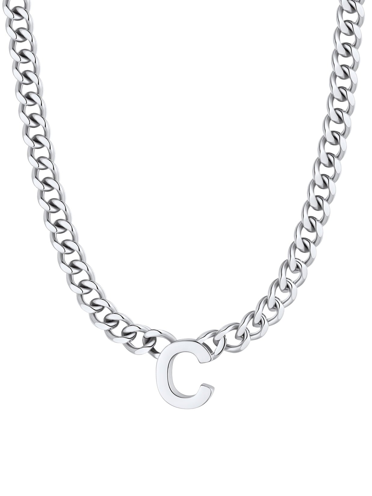 ChainsPro Men A-Z Letter Necklace 7mm Cuban Link Chain Necklace Stainless Steel/Gold Plated/Black