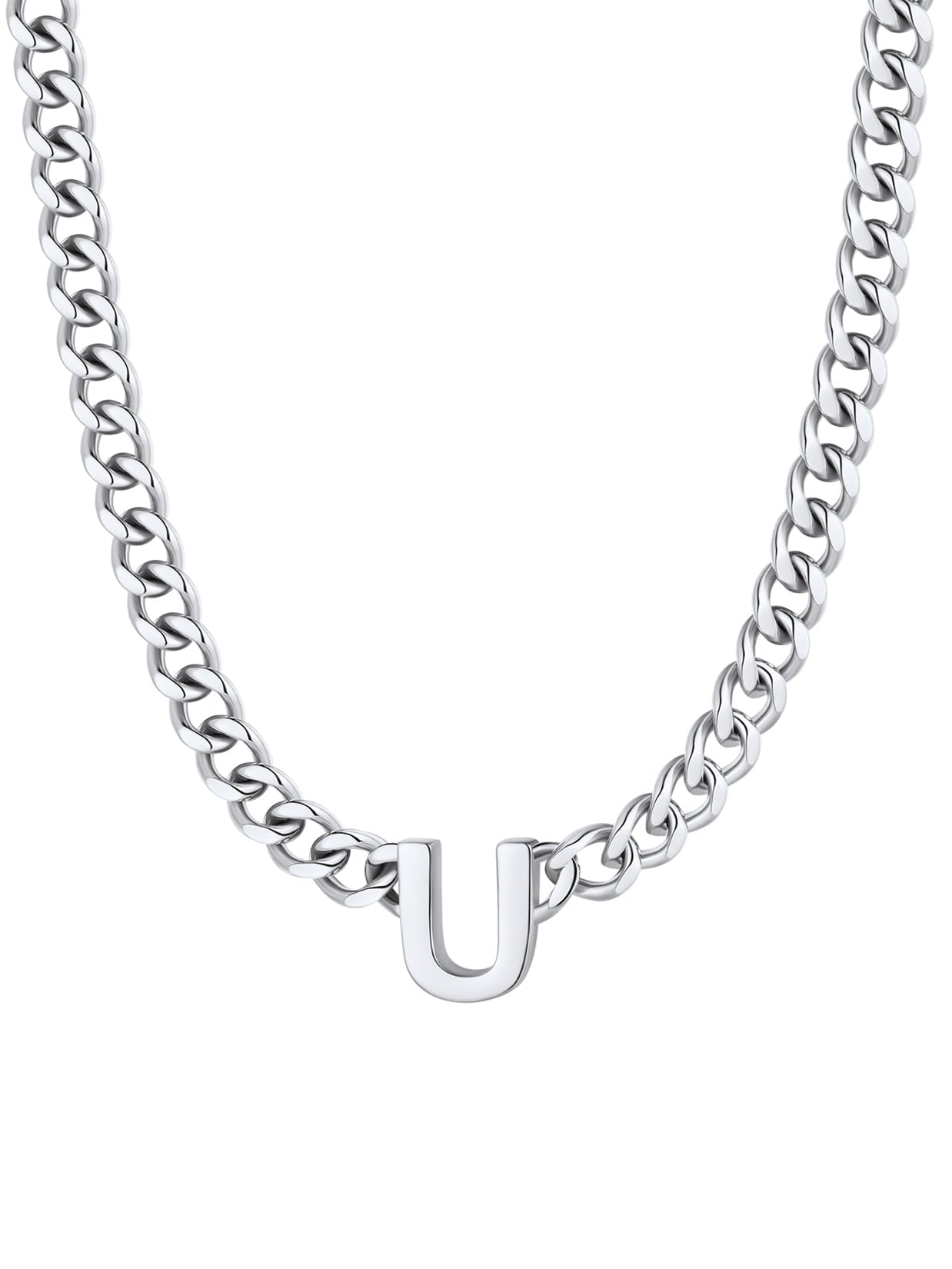 ChainsPro Men A-Z Letter Necklace 7mm Cuban Link Chain Necklace Stainless Steel/Gold Plated/Black