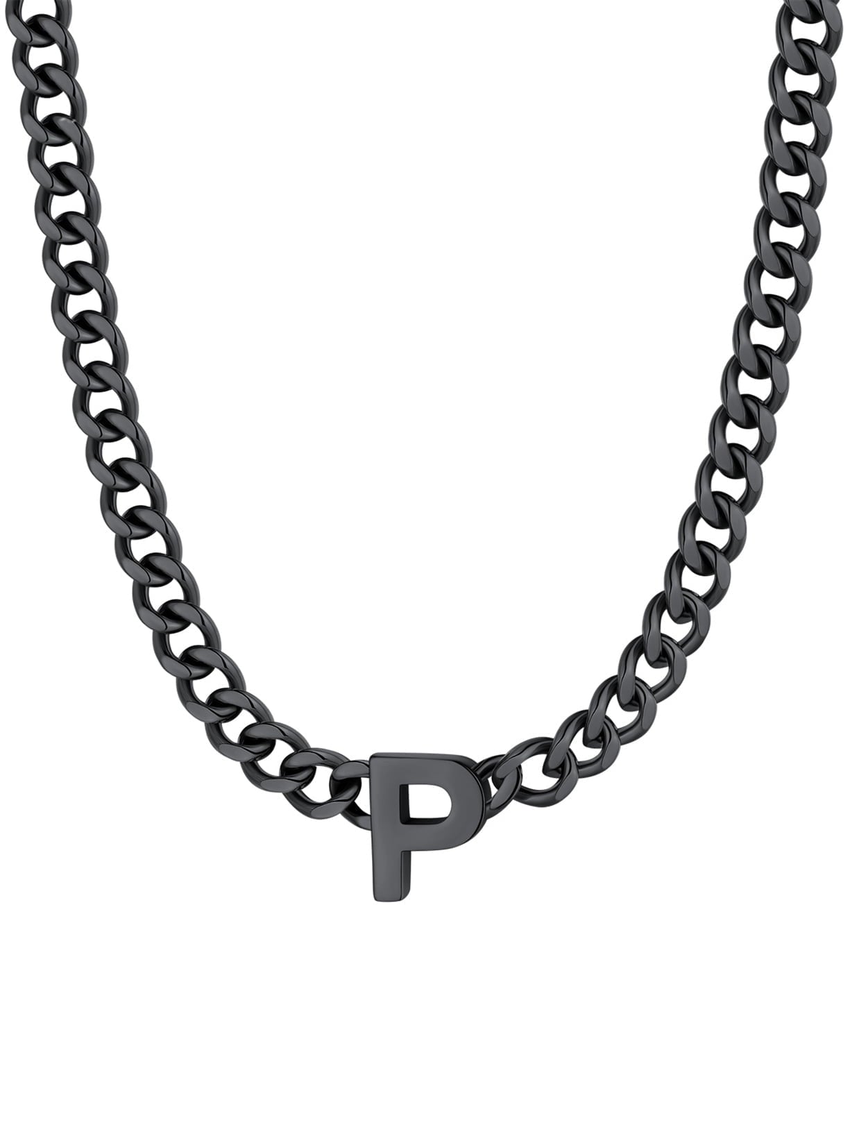 ChainsPro Men A-Z Letter Necklace 7mm Cuban Link Chain Necklace Stainless Steel/Gold Plated/Black