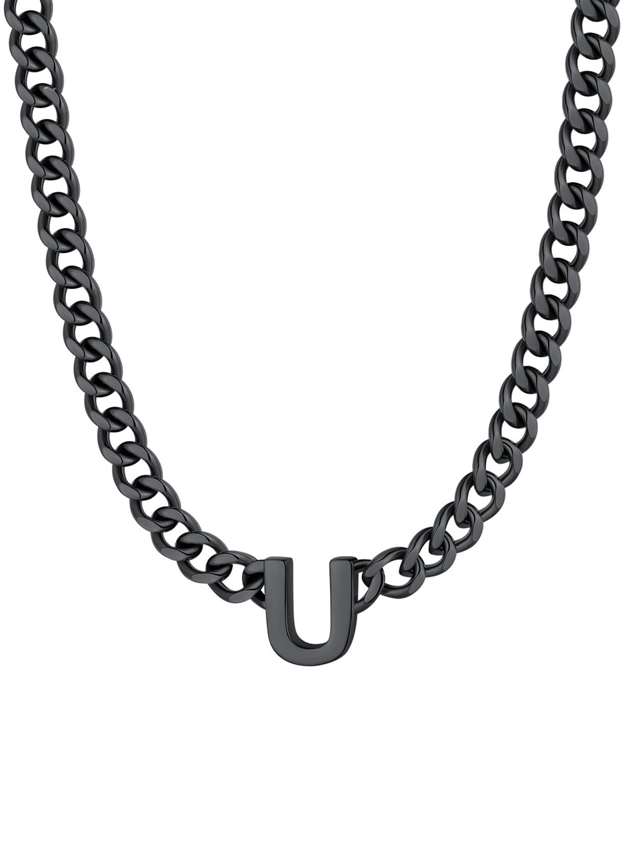 ChainsPro Men A-Z Letter Necklace 7mm Cuban Link Chain Necklace Stainless Steel/Gold Plated/Black