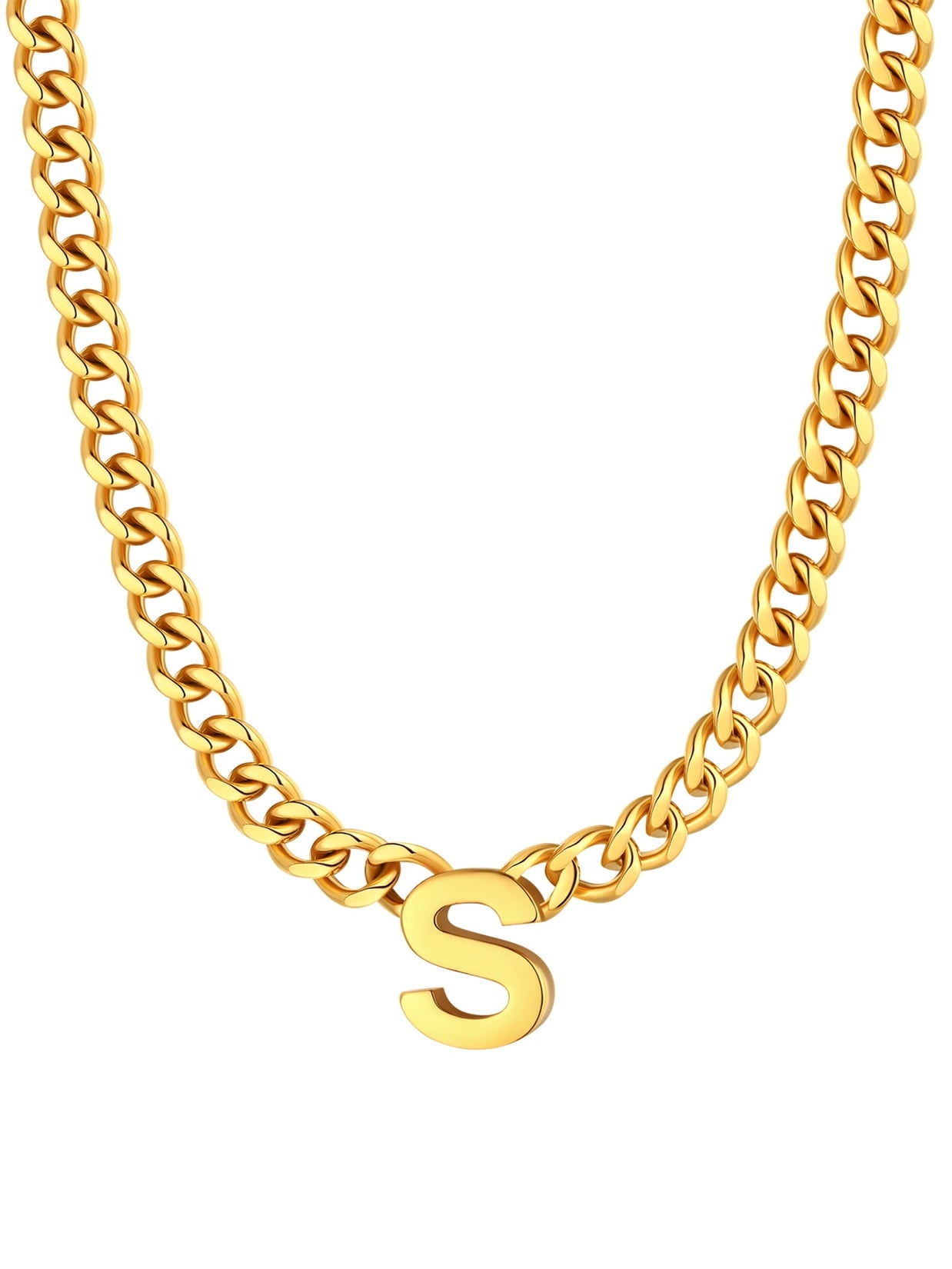 ChainsPro Men A-Z Letter Necklace 7mm Cuban Link Chain Necklace Stainless Steel/Gold Plated/Black