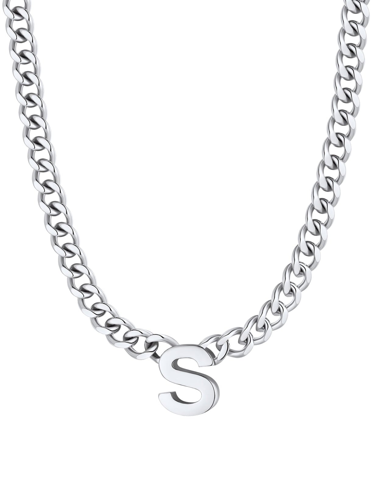 ChainsPro Men A-Z Letter Necklace 7mm Cuban Link Chain Necklace Stainless Steel/Gold Plated/Black