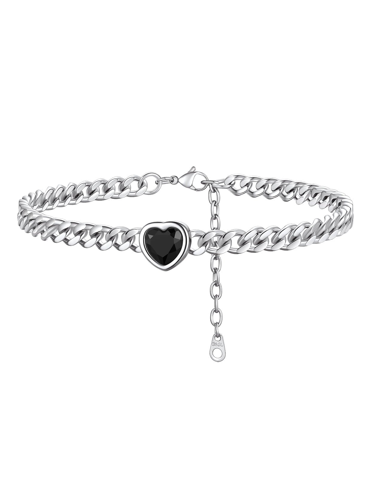 ChainsPro Women Heart Anklets 5MM Cuban Link Birthstone Ankle Bracelet Jewelry Gift Stainless Steel