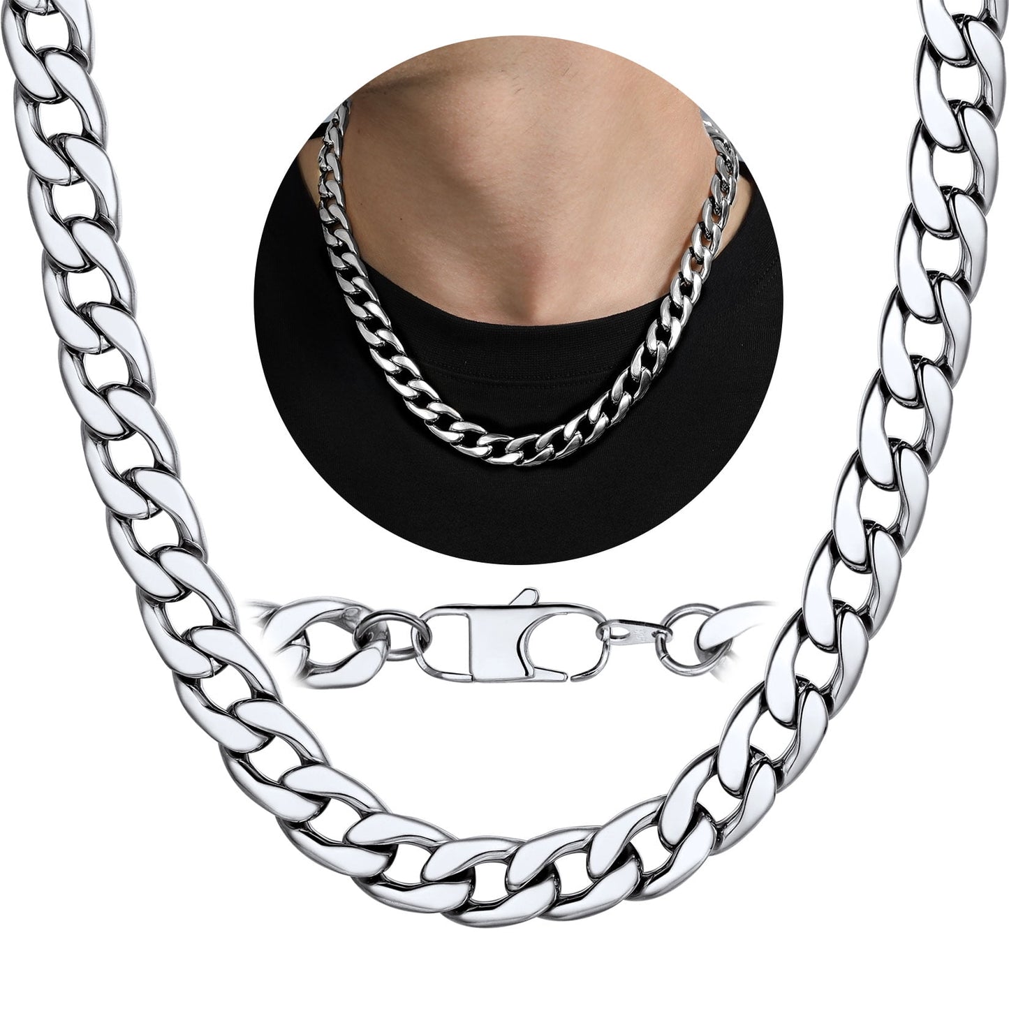 ChainsPro 5mm Men Chain Silver Tone Stainless Steel Curb Cuban Link Necklace Gift