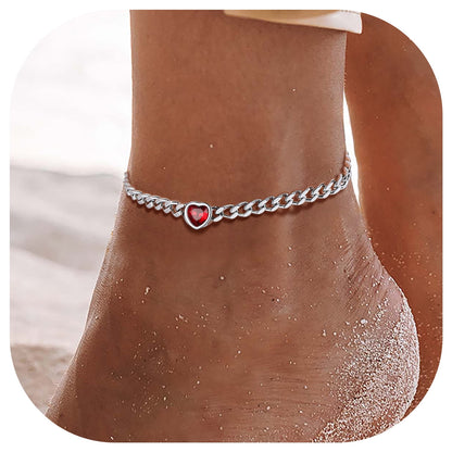 ChainsPro Women Heart Anklets 5MM Cuban Link Birthstone Ankle Bracelet Jewelry Gift Stainless Steel