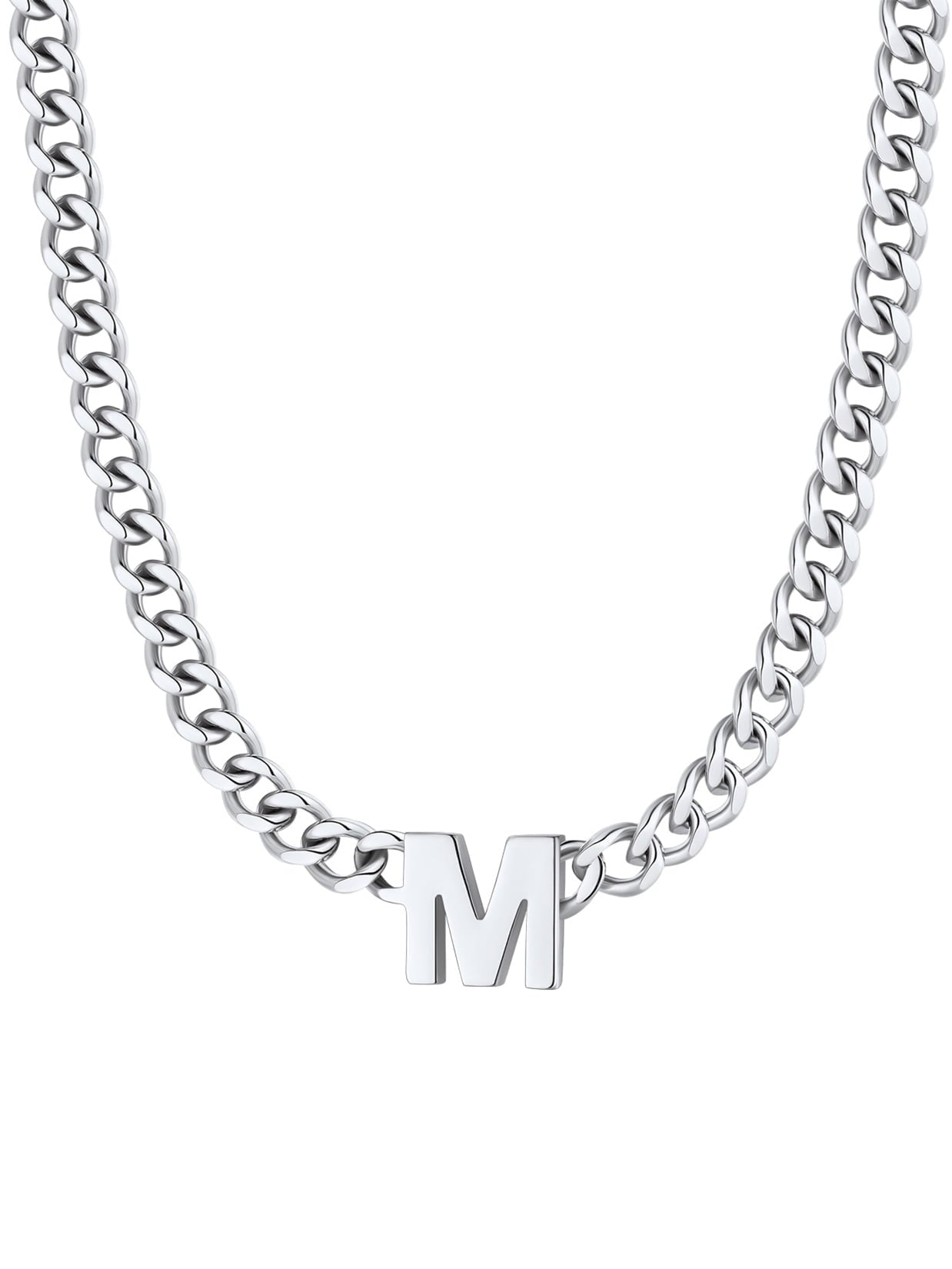 ChainsPro Men A-Z Letter Necklace 7mm Cuban Link Chain Necklace Stainless Steel/Gold Plated/Black