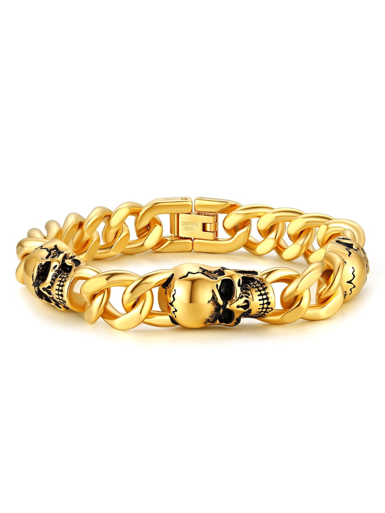 ChainsPro Men Cuban Link Bracelet Skull Bracelets Stainless Steel/Gold Plated/Black