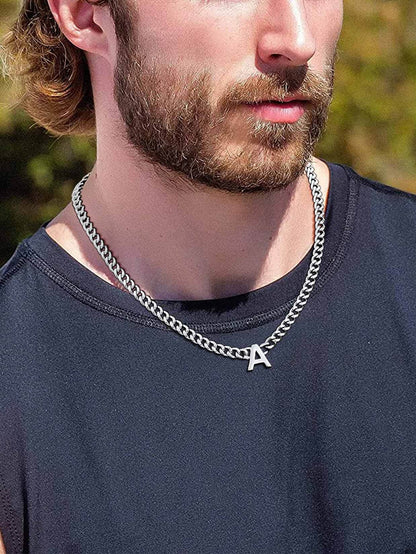 ChainsProMax Men A-Z Letter Necklace 7mm Cuban Link Chain Necklace, Stainless Steel/Gold Plated/Black