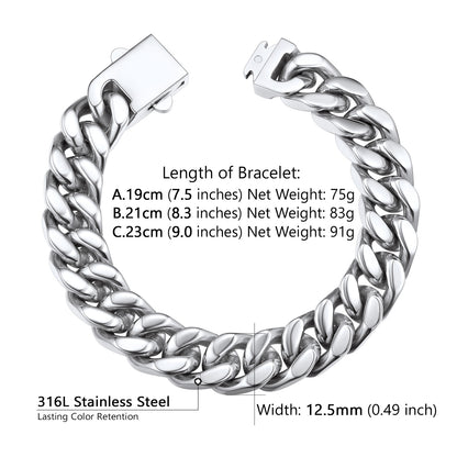 Thick Bracelets 12mm Wide 8.3inch Minimal Cuban Link Bracelet for Men Stainless Steel Bracelet