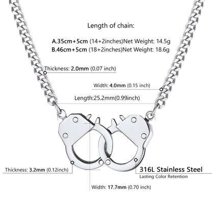 Punk Handcuff Steel Necklace for Men Women, Partners in Crime Cuban Link Chain, 14/18inch