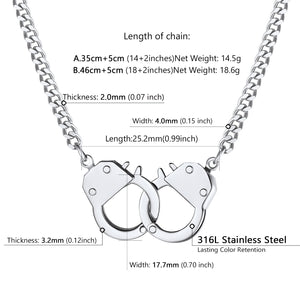 Punk Handcuff Steel Necklace for Men Women, Partners in Crime Cuban Link Chain, 14/18inch