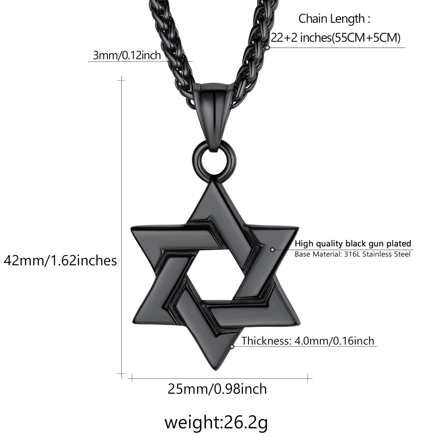 Black Jewish Necklace Stainless Steel Chain Star of David Pendant