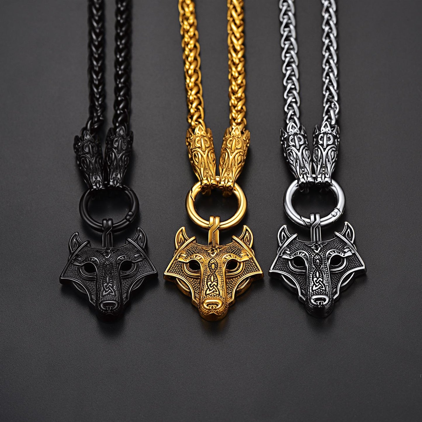 Men Chunky Viking Wolf Head Necklace, with 28inches Chain, Stainless Steel Norse Viking Jewelry