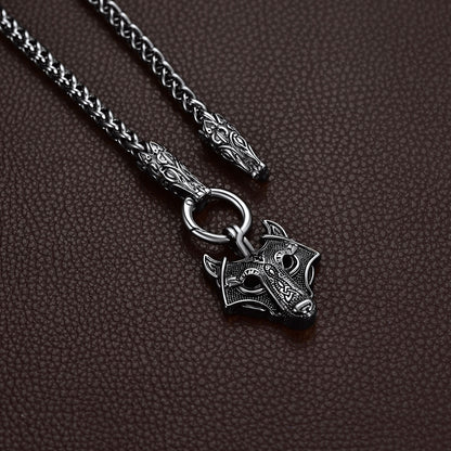 Men Chunky Viking Wolf Head Necklace, with 28inches Chain, Stainless Steel Norse Viking Jewelry