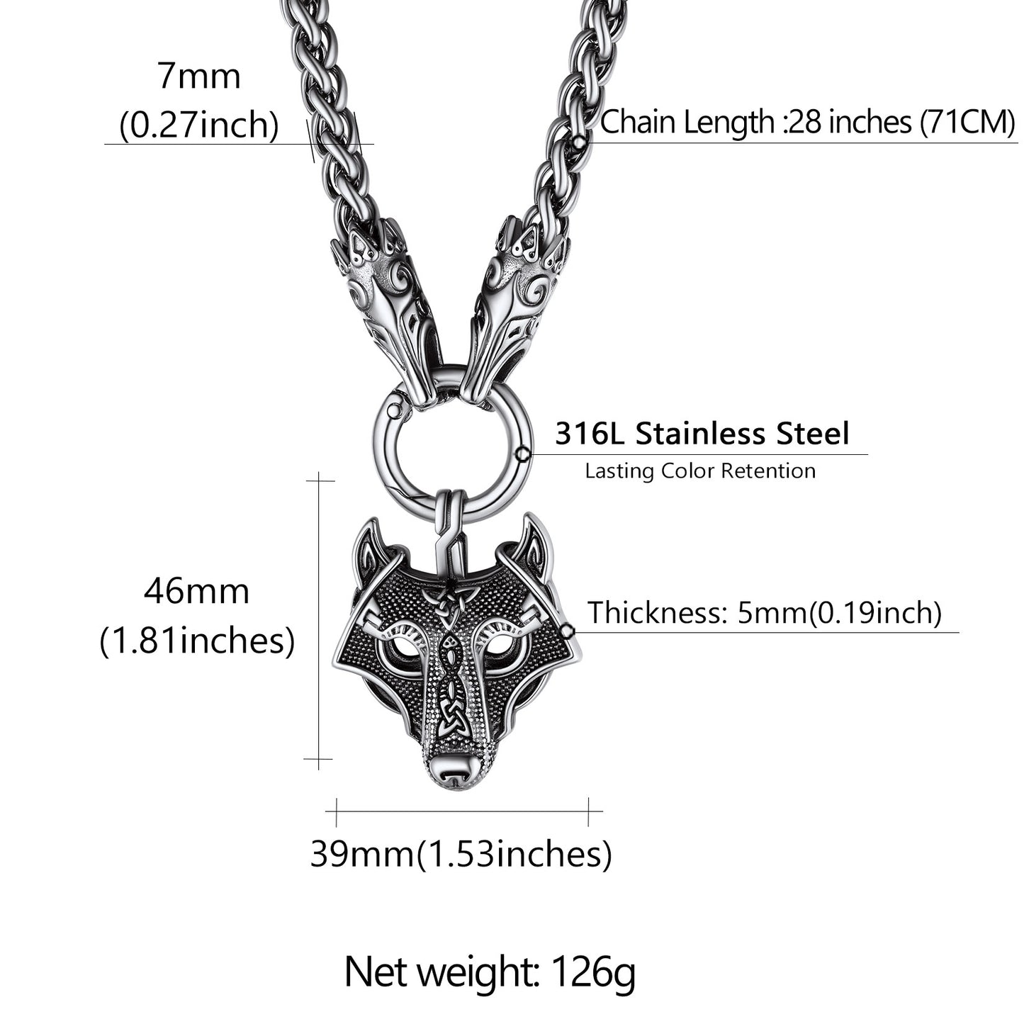 Men Chunky Viking Wolf Head Necklace, with 28inches Chain, Stainless Steel Norse Viking Jewelry