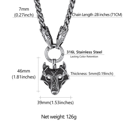 Men Chunky Viking Wolf Head Necklace, with 28inches Chain, Stainless Steel Norse Viking Jewelry