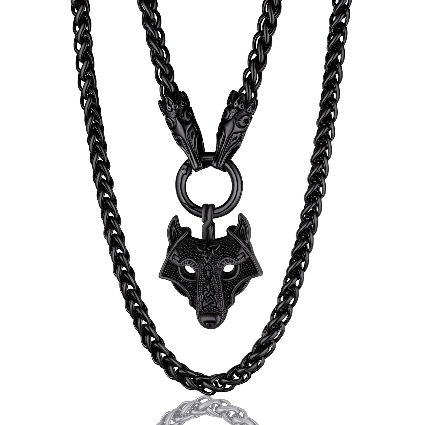 Men Chunky Viking Wolf Head Necklace, with 28inches Chain, Stainless Steel Norse Viking Jewelry