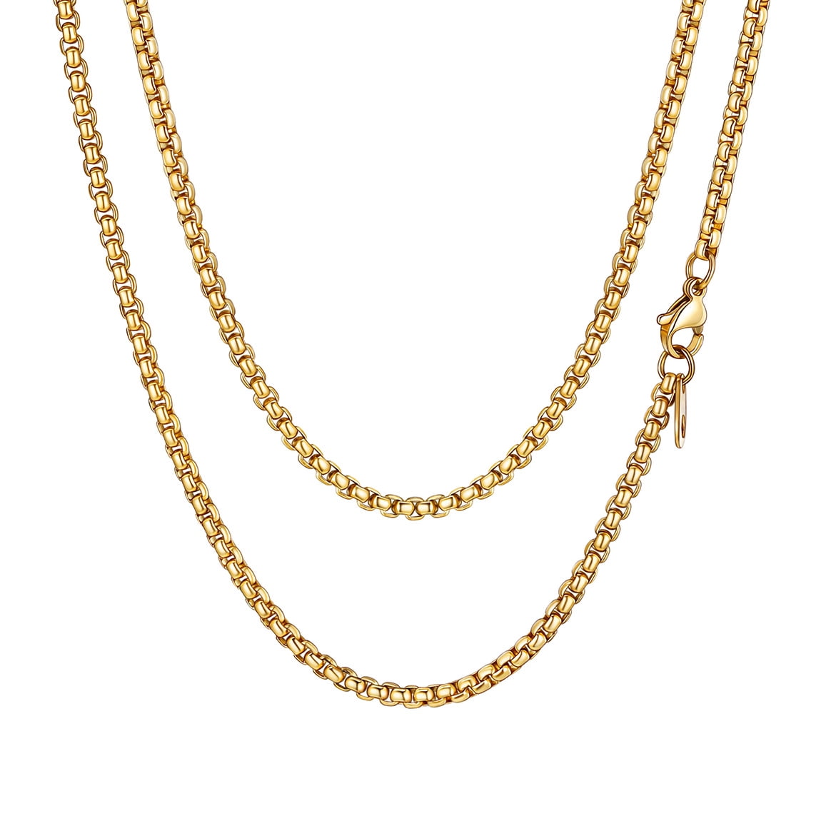 ChainsPro 3mm Men Necklace Box Chain 14K Gold Plated Stainless Steel Chain Necklace for Men Women