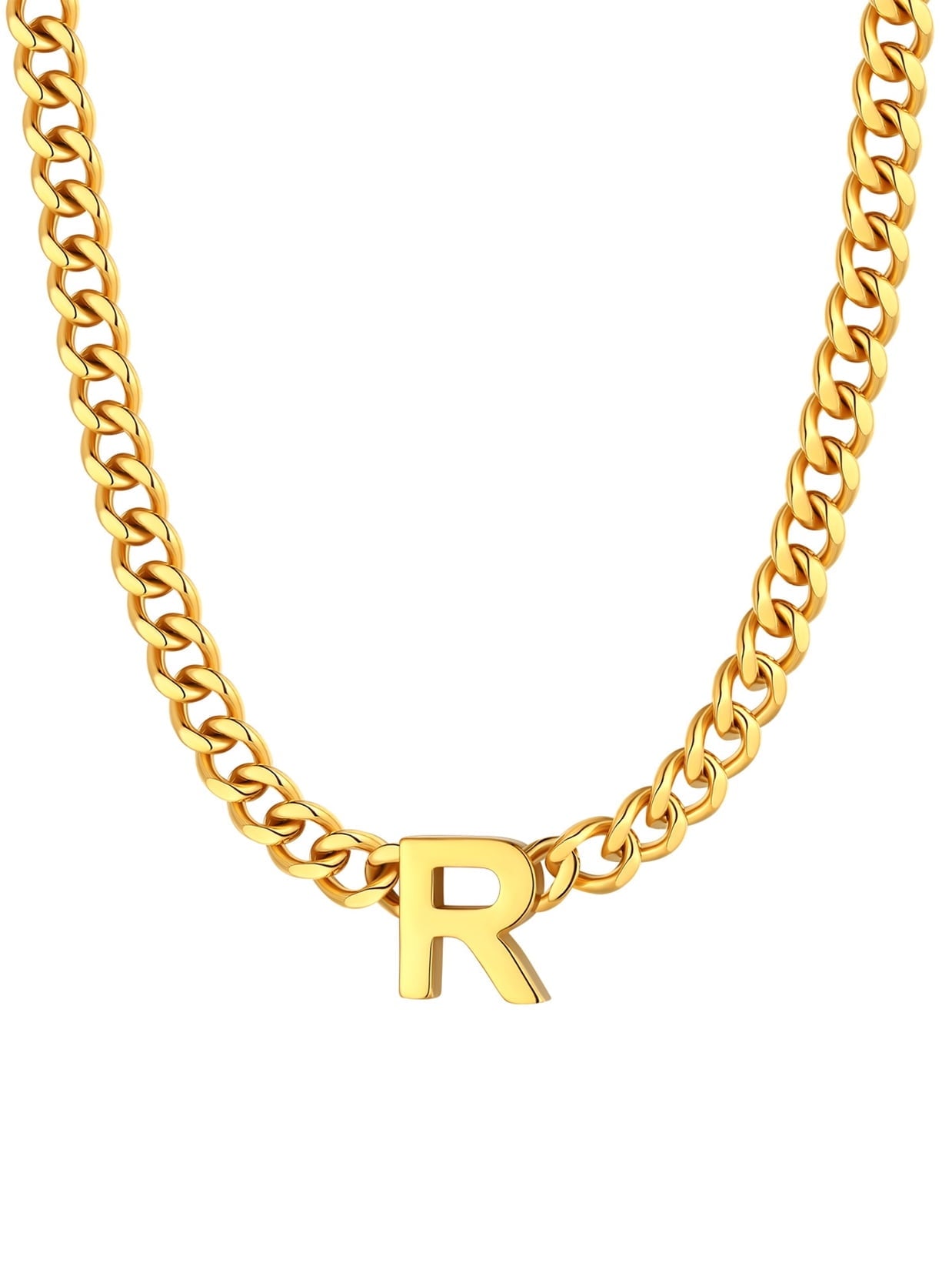 ChainsPro Men A-Z Letter Necklace 7mm Cuban Link Chain Necklace Stainless Steel/Gold Plated/Black