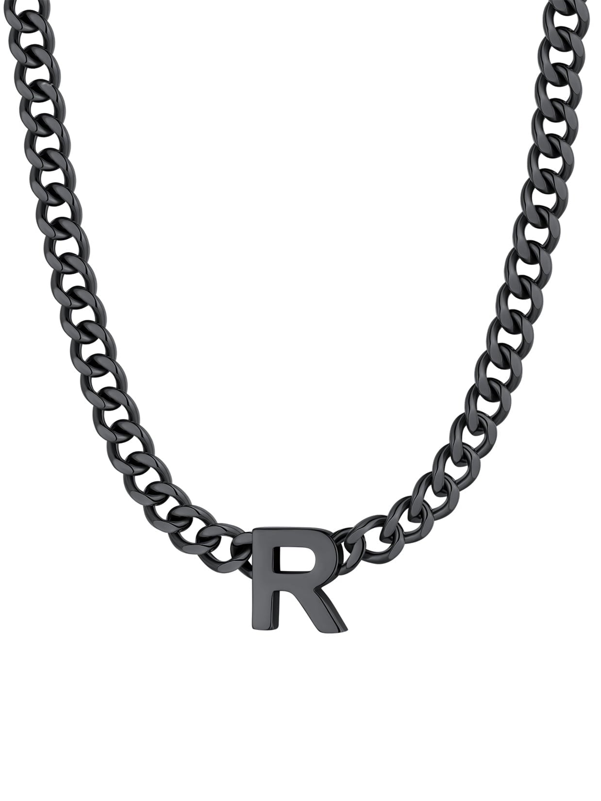 ChainsPro Men A-Z Letter Necklace 7mm Cuban Link Chain Necklace Stainless Steel/Gold Plated/Black
