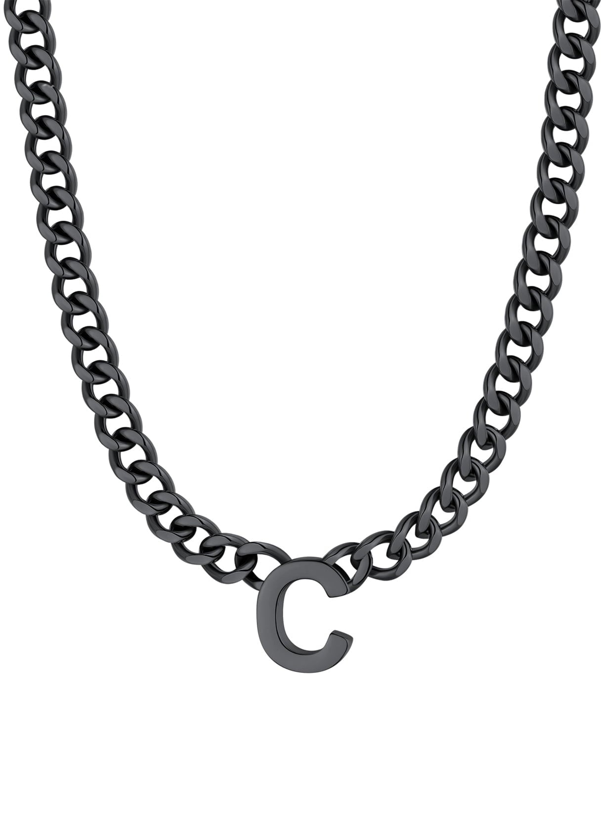 ChainsPro Men A-Z Letter Necklace 7mm Cuban Link Chain Necklace Stainless Steel/Gold Plated/Black