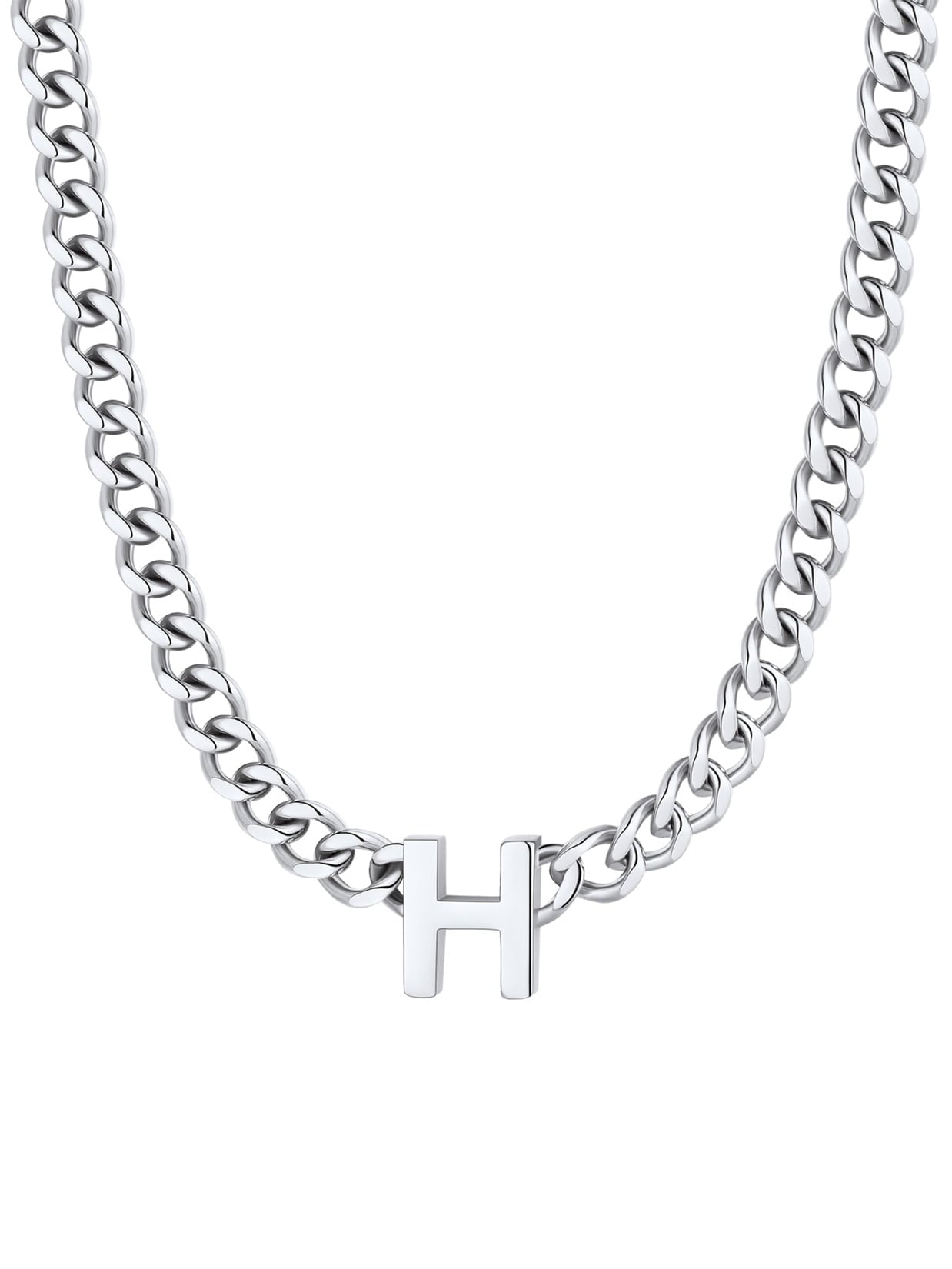 ChainsPro Men A-Z Letter Necklace 7mm Cuban Link Chain Necklace Stainless Steel/Gold Plated/Black