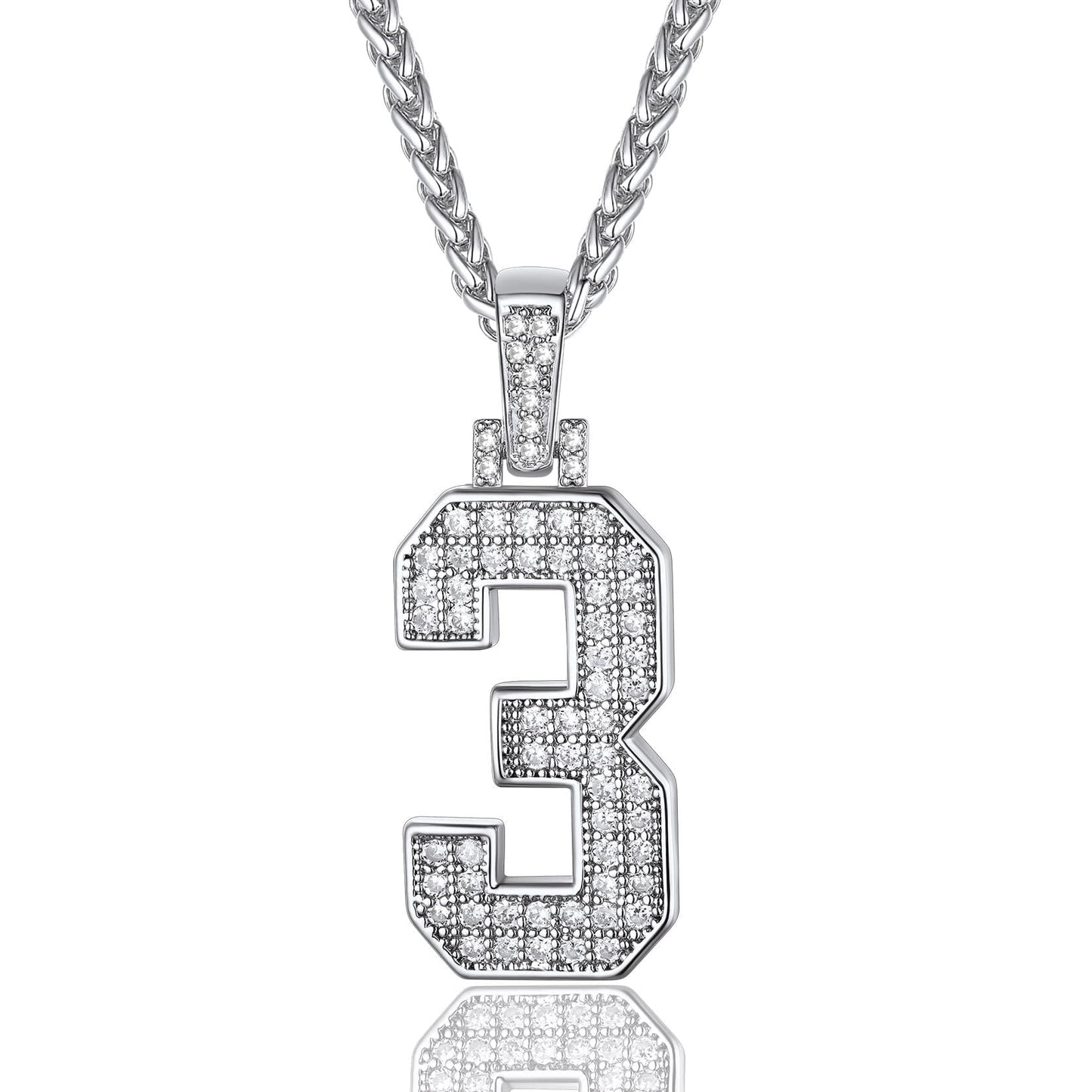 ChainsPro Men Cubic Zirconia 0-9 Number Pendant Lucky Jewelry Necklace Silver Color