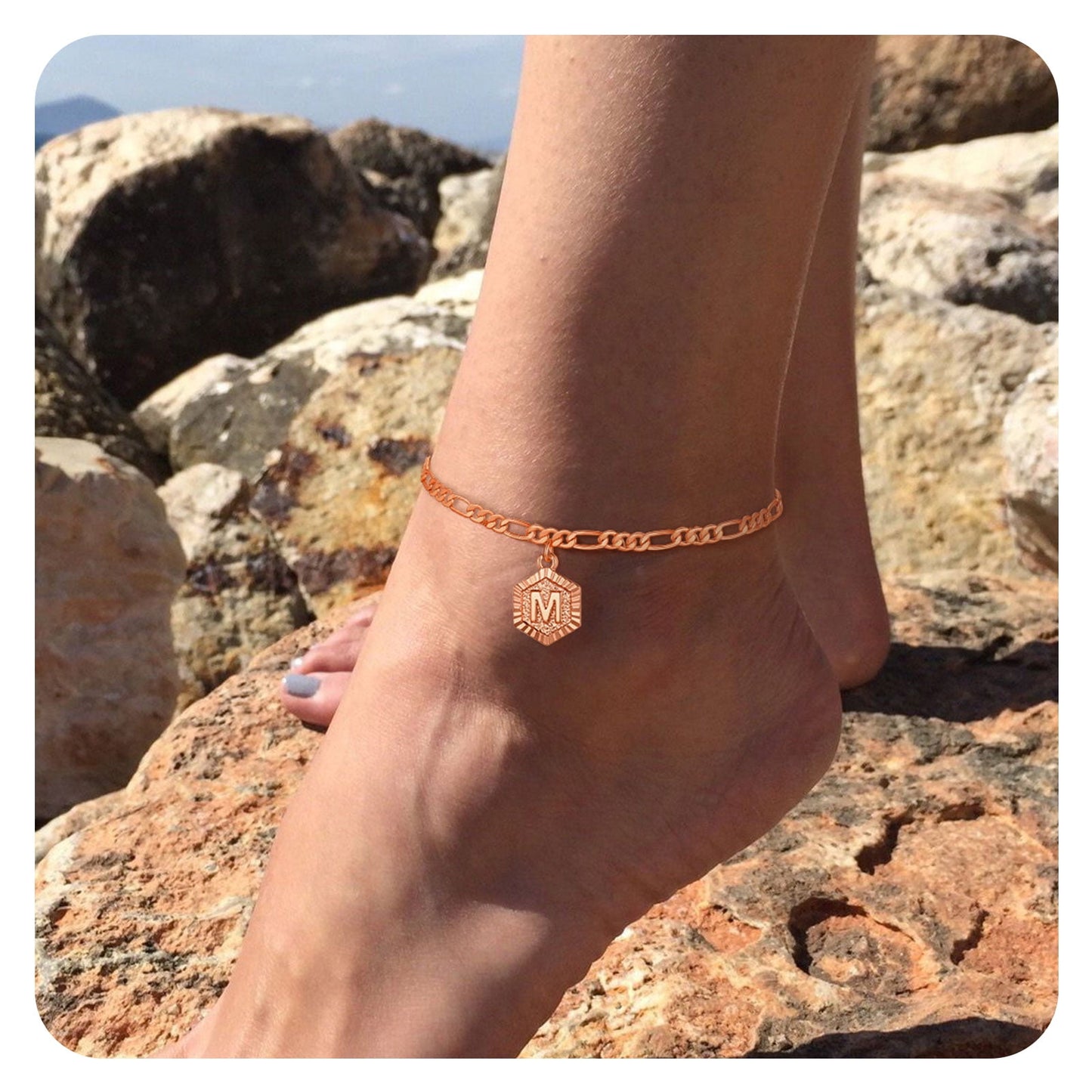 ChainsPro Women A Initial Ankle Bracelet with Figaro Foot Chain Friendship Anklets Rose Gold Adjustable