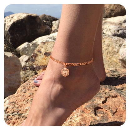 ChainsPro Women A Initial Ankle Bracelet with Figaro Foot Chain Friendship Anklets Rose Gold Adjustable