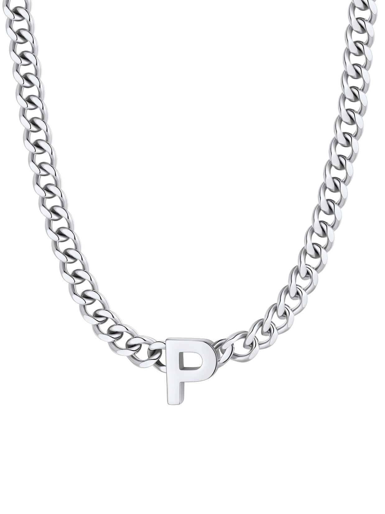 ChainsPro Men A-Z Letter Necklace 7mm Cuban Link Chain Necklace Stainless Steel/Gold Plated/Black