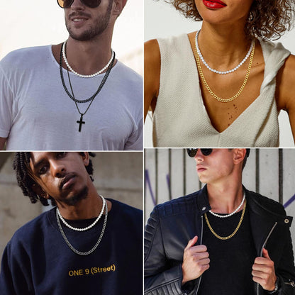 ChainsProMax Men Women Dainty Choker Cuban Chain with Pearl, Adjustable, Stainless Steel/Gold Plated/Black