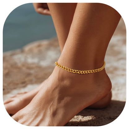 ChainsPro Gold Ankle Bracelets for Women Cuban Link Anklet Chain 18K Gold Plated Summer Beach Jewelry