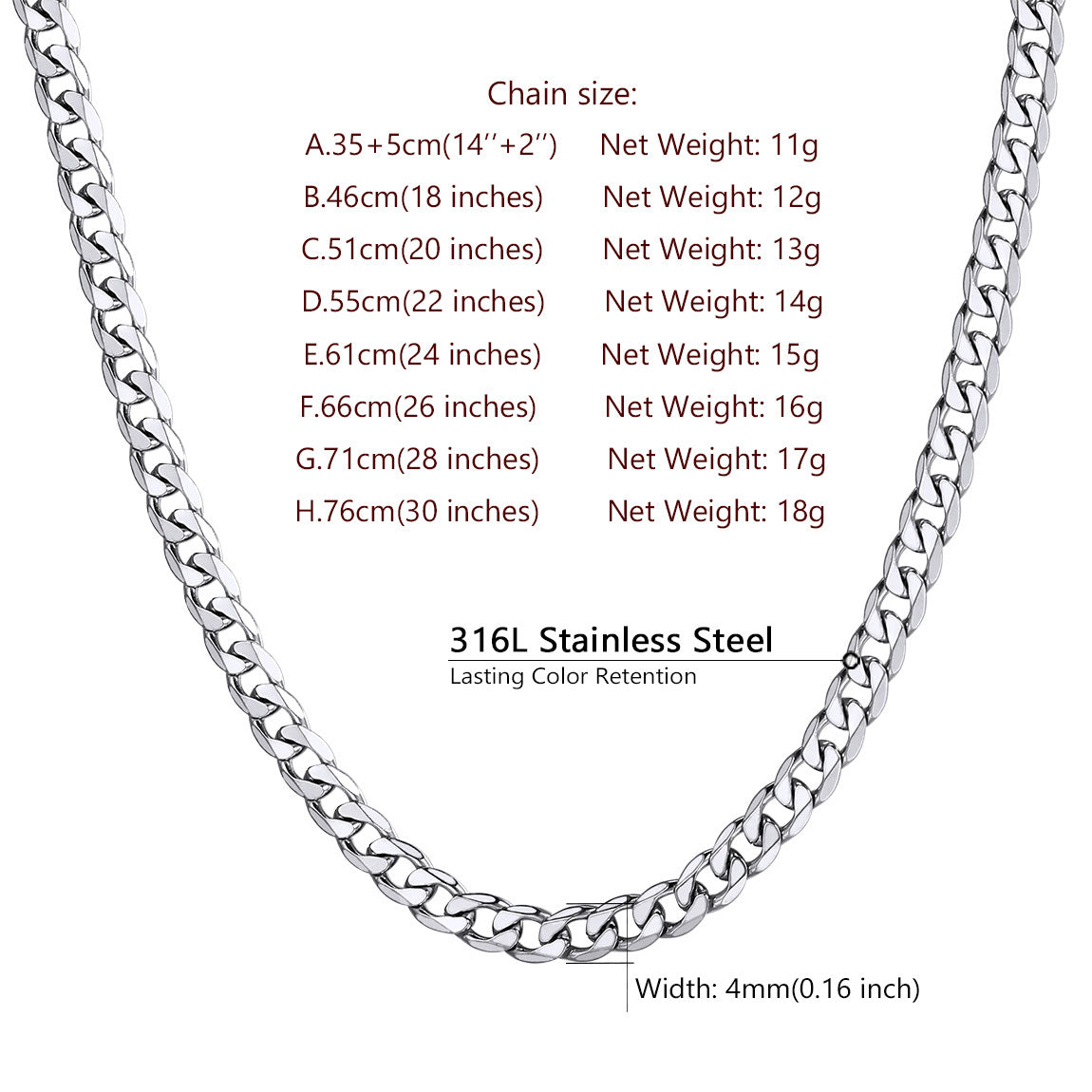 ChainsPro Mens Sturdy Curb Chain Necklace 4MM Width Hip-Hop Cool Style 316L Stainless Steel